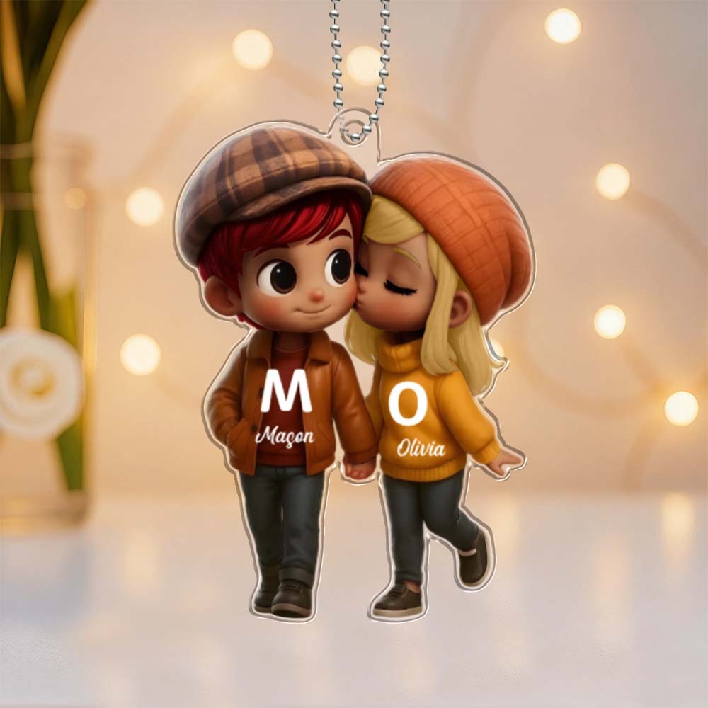 Personalized Name British Style Acrylic Car Hanger Cute Couple Kissing Moment Valentines Gift for Boyfriend & Girlfriend