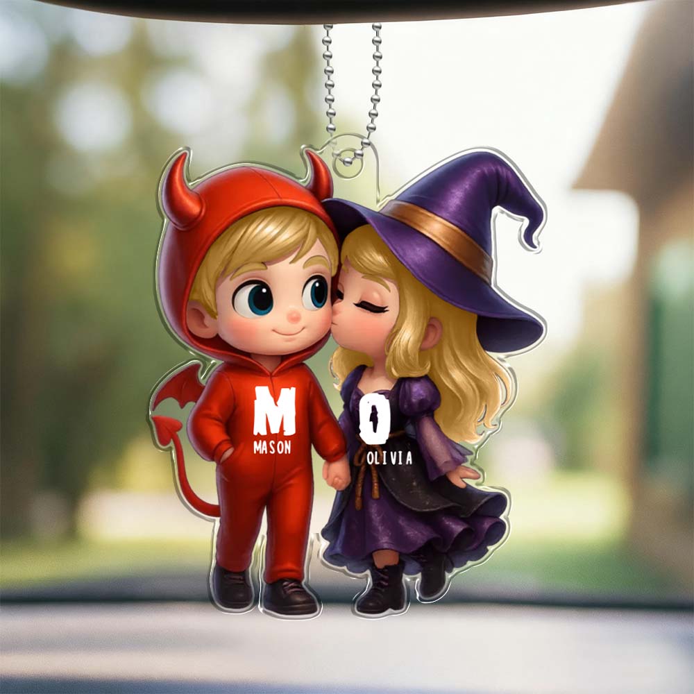 Personalized Name Halloween Style Acrylic Car Hanger Cute Couple Kissing Moment Halloween Gift for Boyfriend & Girlfriend