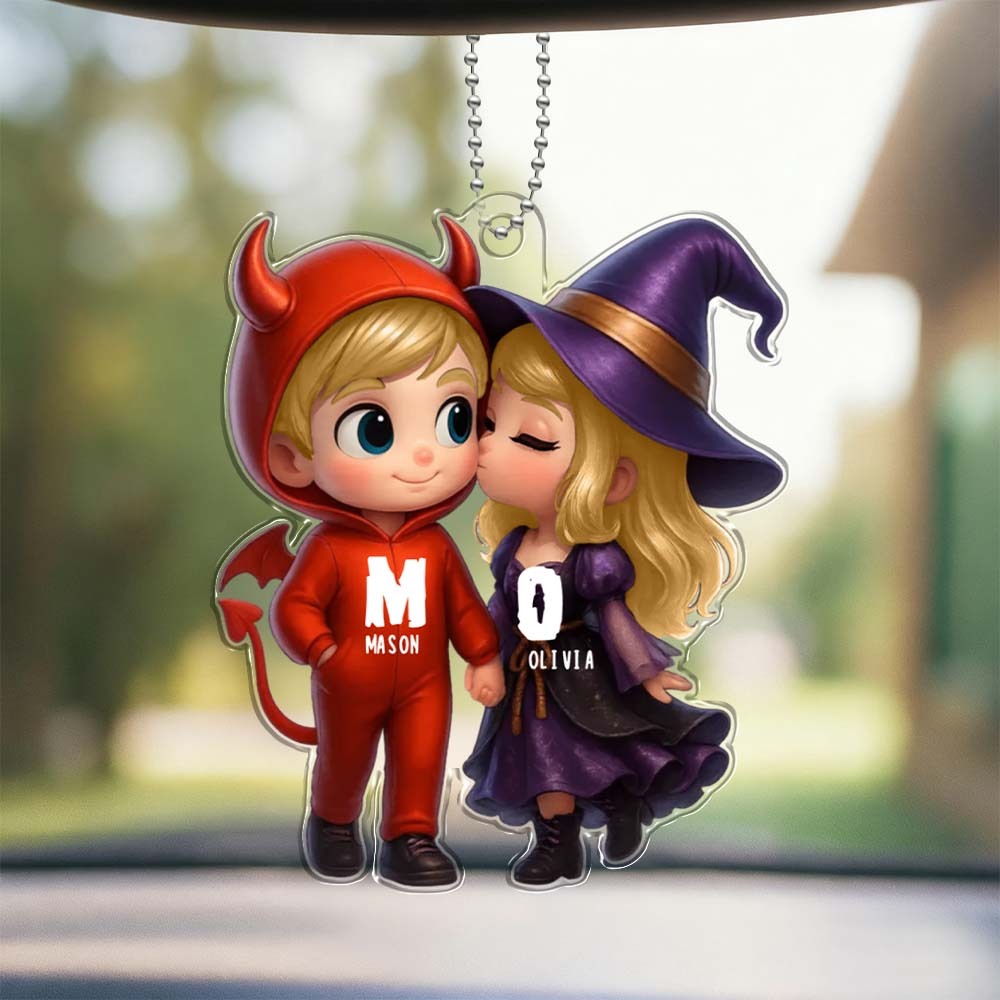 Personalized Name Halloween Style Acrylic Car Hanger Cute Couple Kissing Moment Halloween Gift for Boyfriend & Girlfriend
