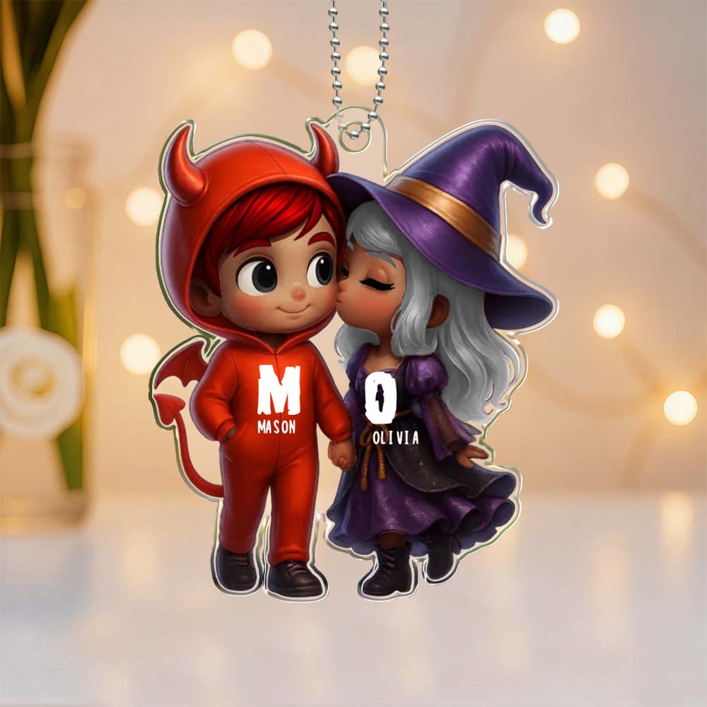 Personalized Name Halloween Style Acrylic Car Hanger Cute Couple Kissing Moment Halloween Gift for Boyfriend & Girlfriend