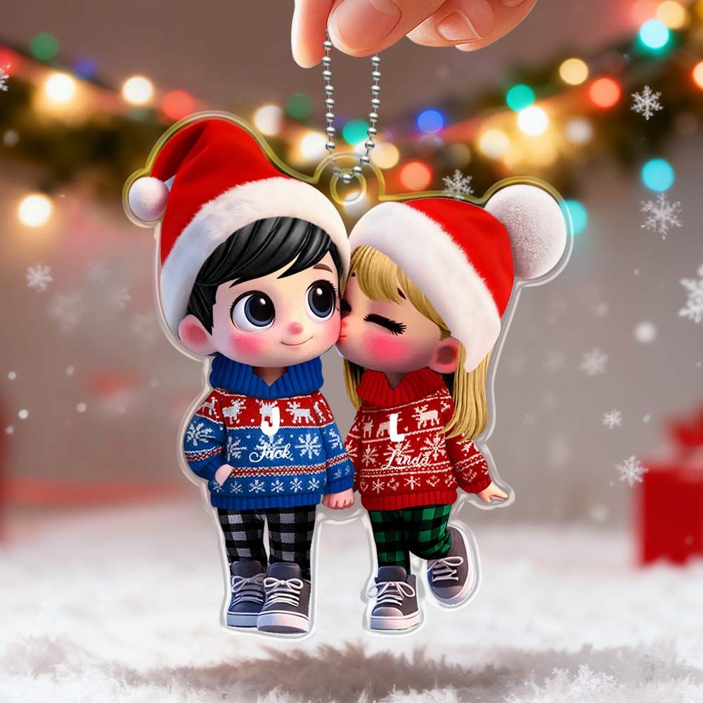 Personalized Name Christmas Style Acrylic Car Hanger Cute Couple Kissing Moment Valentines Gift for Boyfriend & Girlfriend Ghristmas Gift