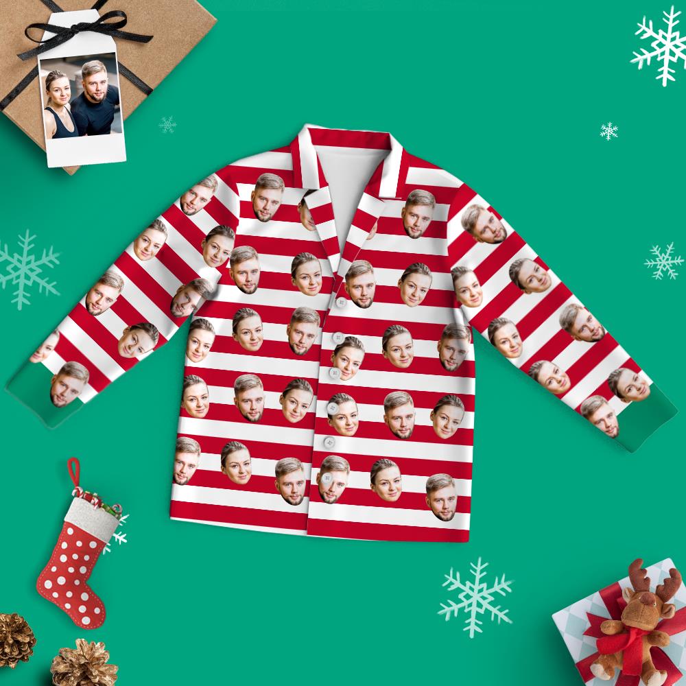 Custom Face Christmas Long Sleeve Pajamas - Red and White Stripe Couple