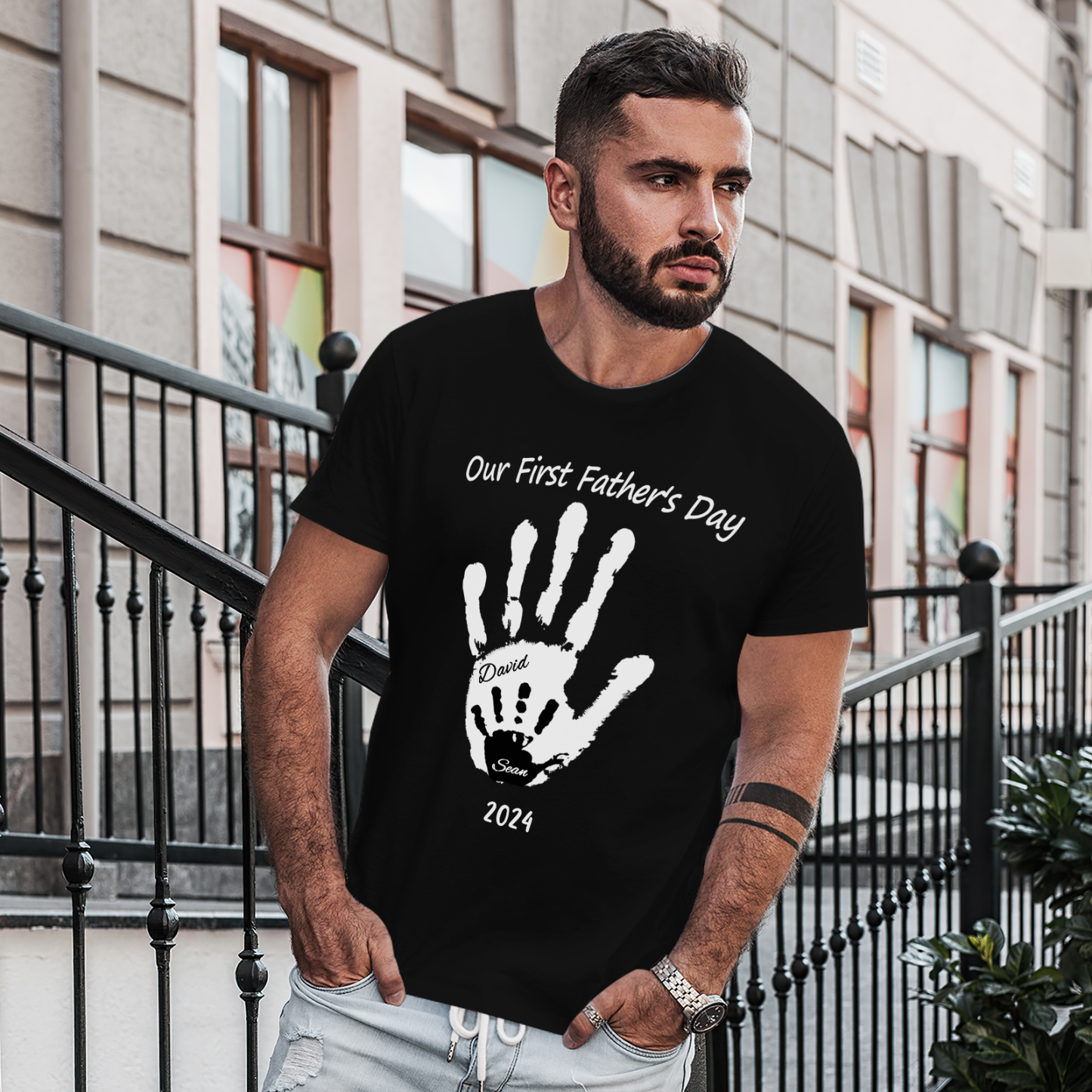 Personalized Our First Father’s Day Handprint Father T-Shirt Gift for Dad