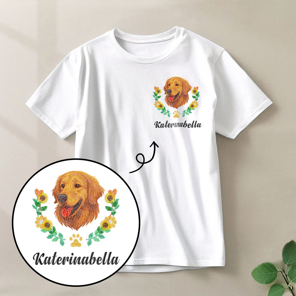 Custom Embroidered-Style Pet T-shirt – Personalized T-shirt with Pet Name & Wreath