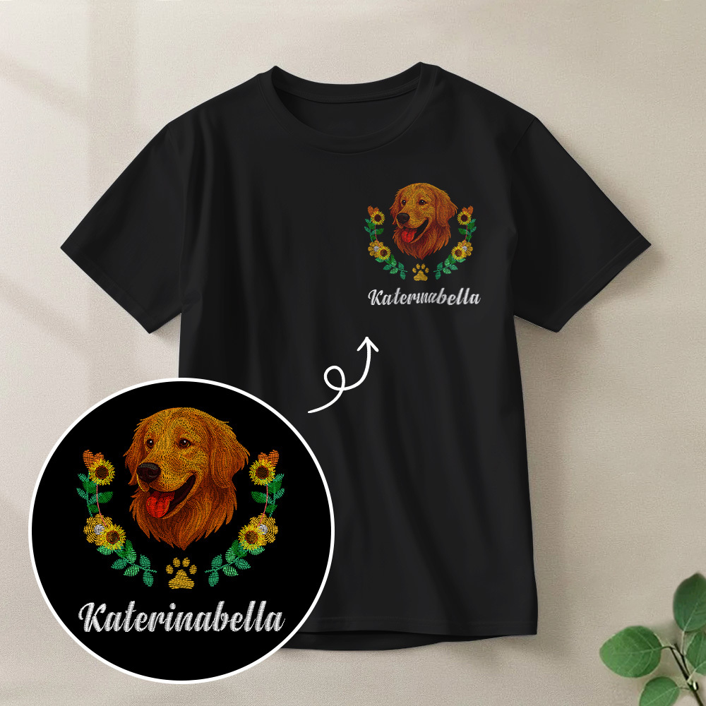 Custom Embroidered-Style Pet T-shirt – Personalized T-shirt with Pet Name & Wreath