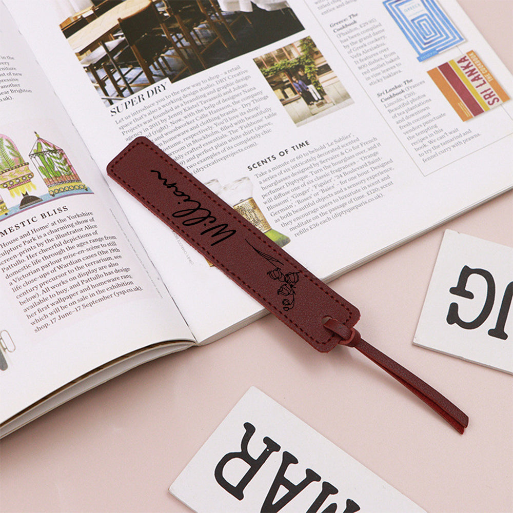 Custom Name Bookmark with Birth Month Flower for Book Personalized PU Leather Bookmark