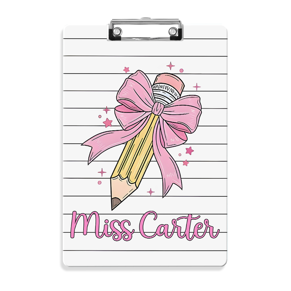 Custom Text Name Folder with Pink Bow & Pencil Design – Teacher's Day & Back to School Gift