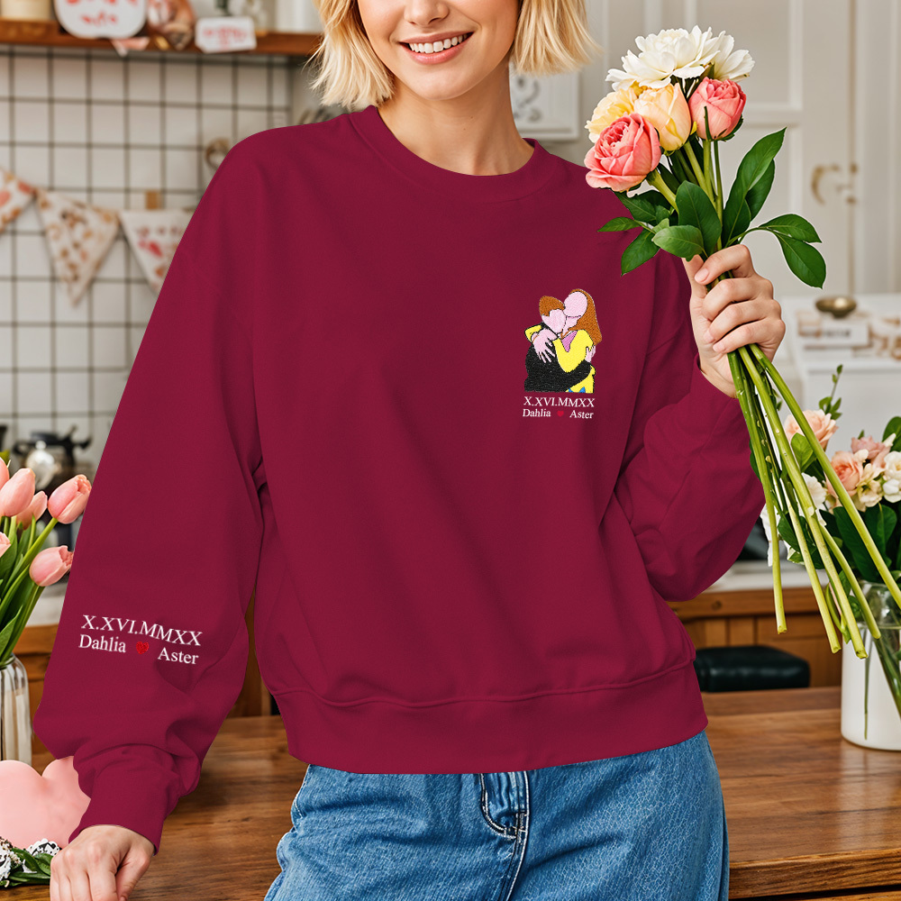Custom Photo Personalized Text Embroidered Long Sleeve Sweatshirt Valentine Gift
