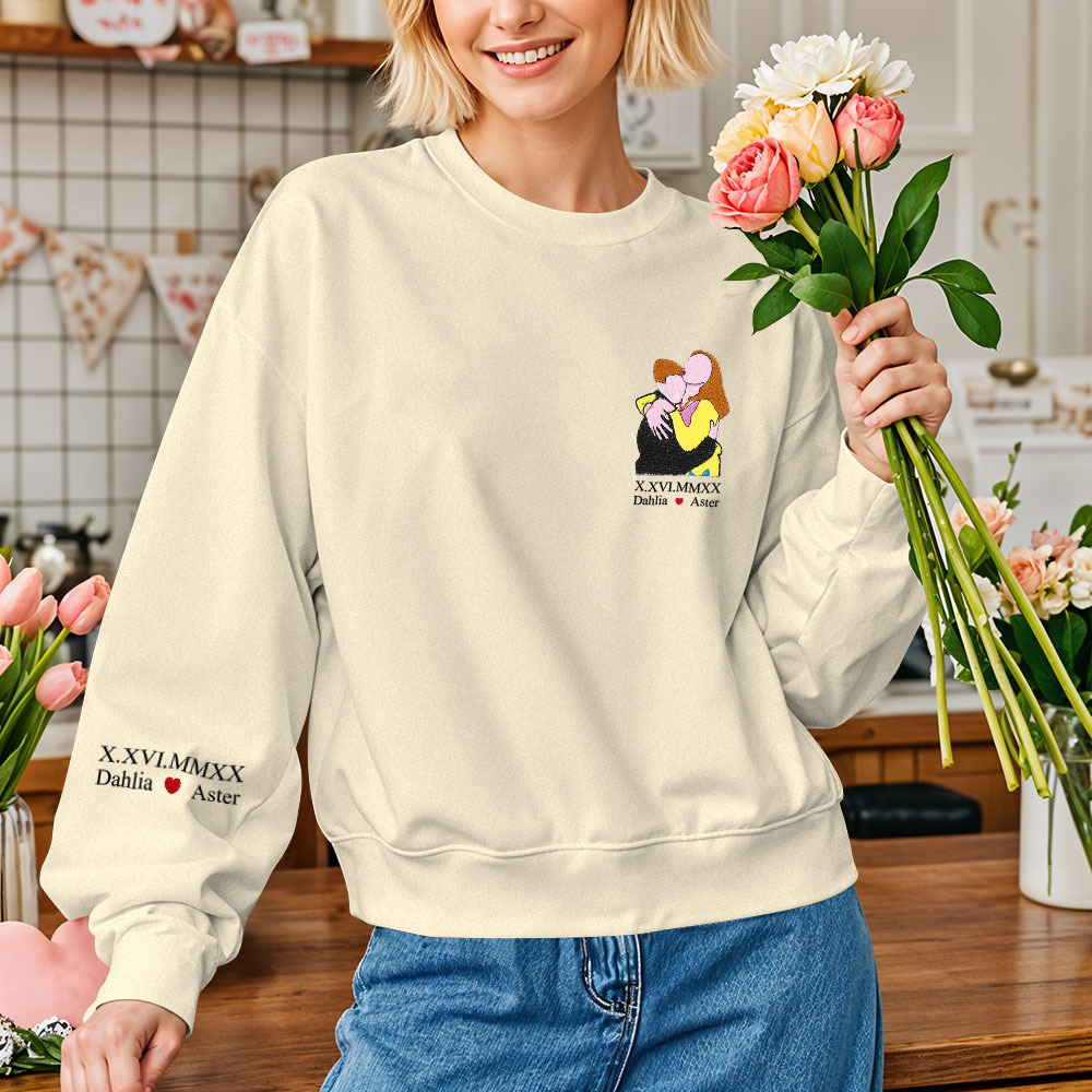 Custom Photo Personalized Text Embroidered Long Sleeve Sweatshirt Valentine Gift