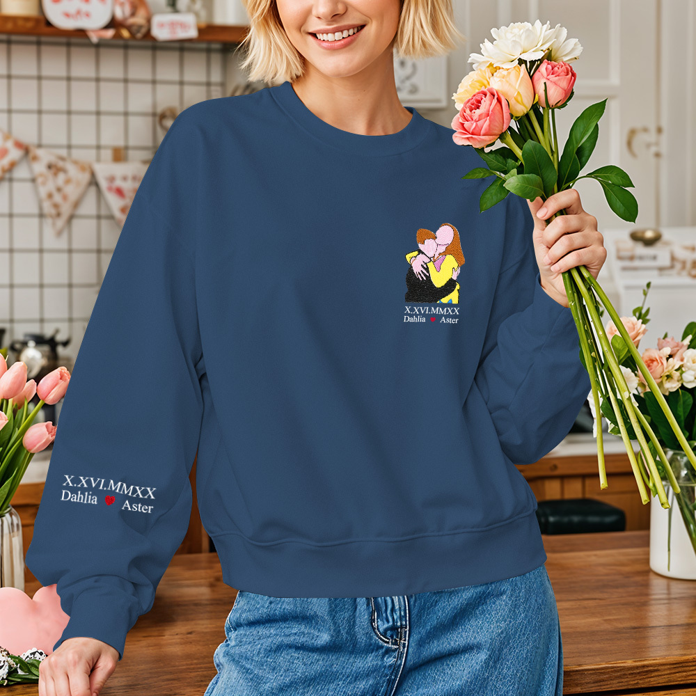 Custom Photo Personalized Text Embroidered Long Sleeve Sweatshirt Valentine Gift