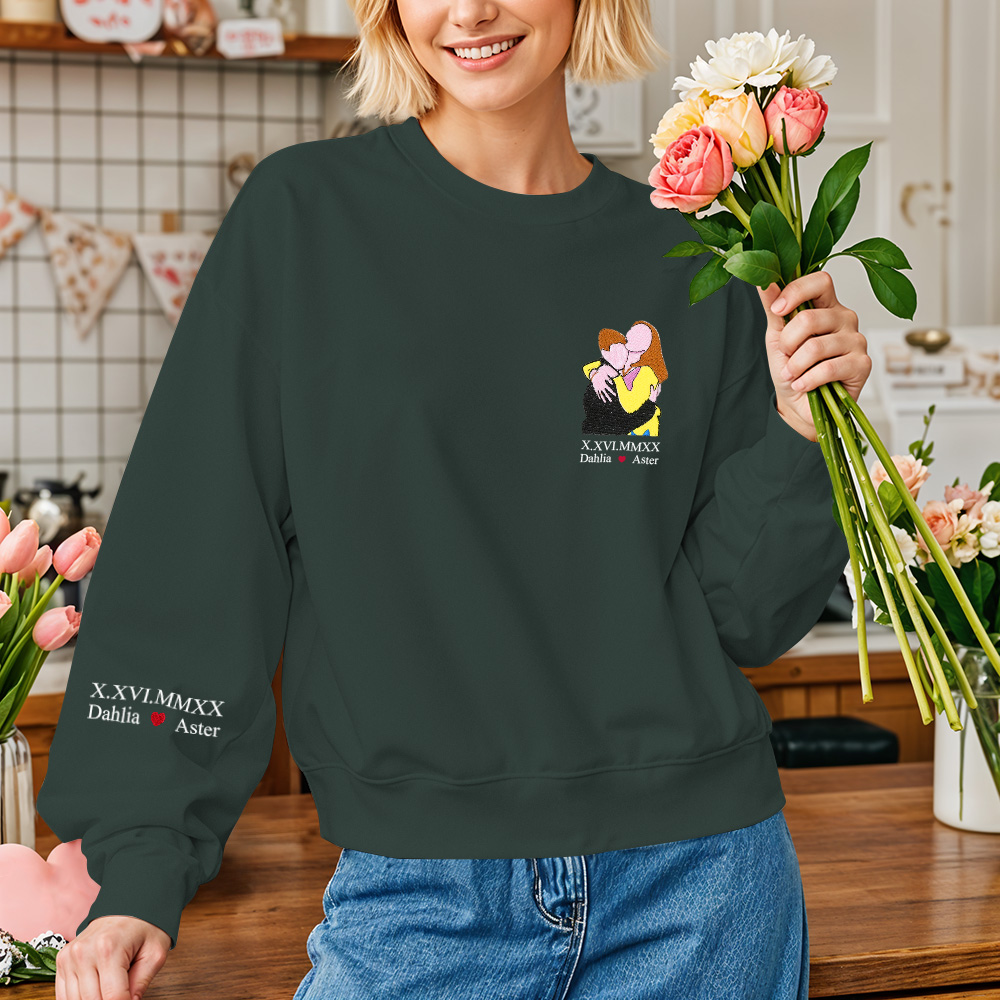 Custom Photo Personalized Text Embroidered Long Sleeve Sweatshirt Valentine Gift