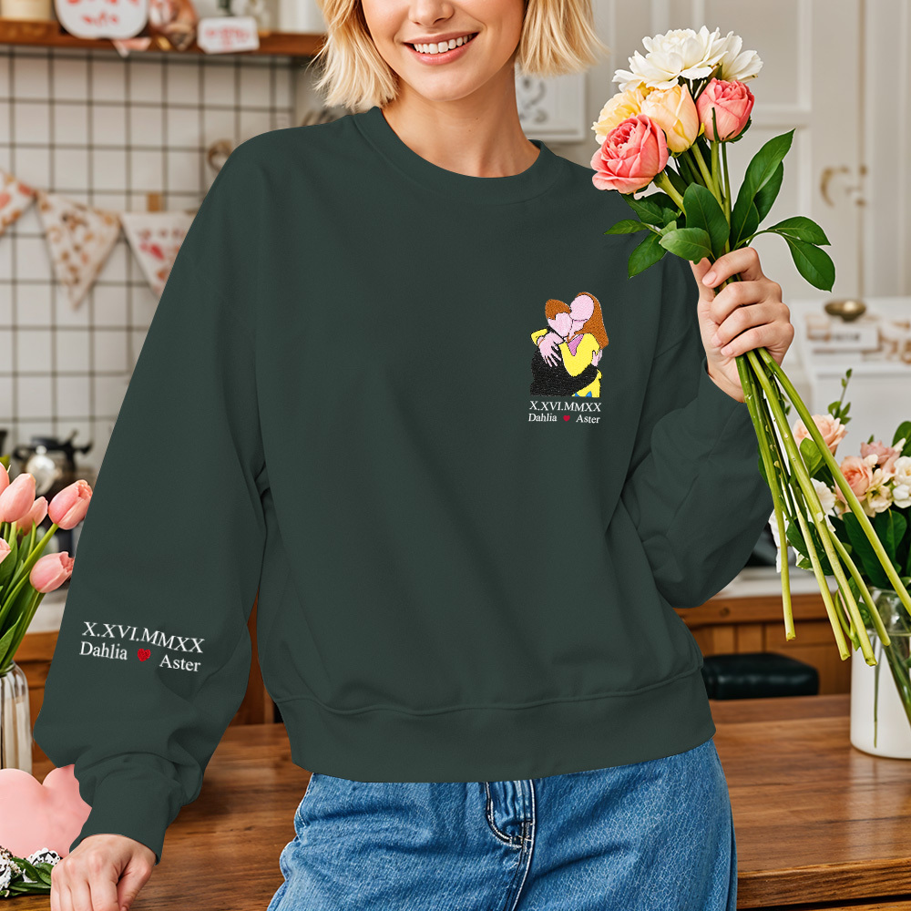 Custom Photo Personalized Text Embroidered Long Sleeve Sweatshirt Valentine Gift