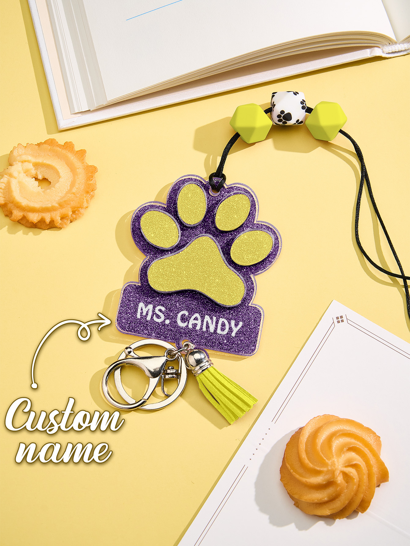 Personalized Glitter Paw ID Badge Lanyard with Text Beads Tassels Badge Lanyard Gift for Teacher Pet Lover