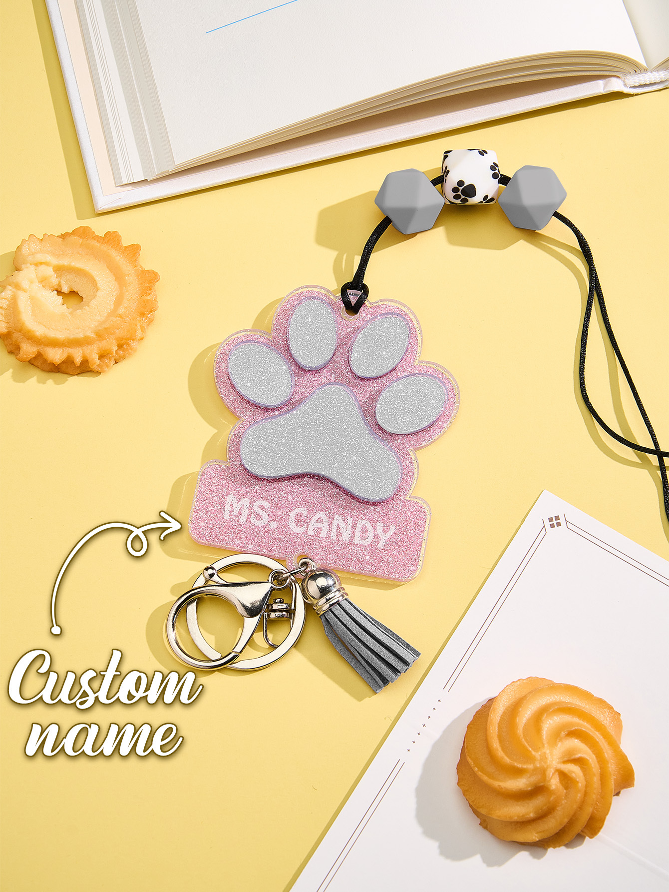 Personalized Glitter Paw ID Badge Lanyard with Text Beads Tassels Badge Lanyard Gift for Teacher Pet Lover