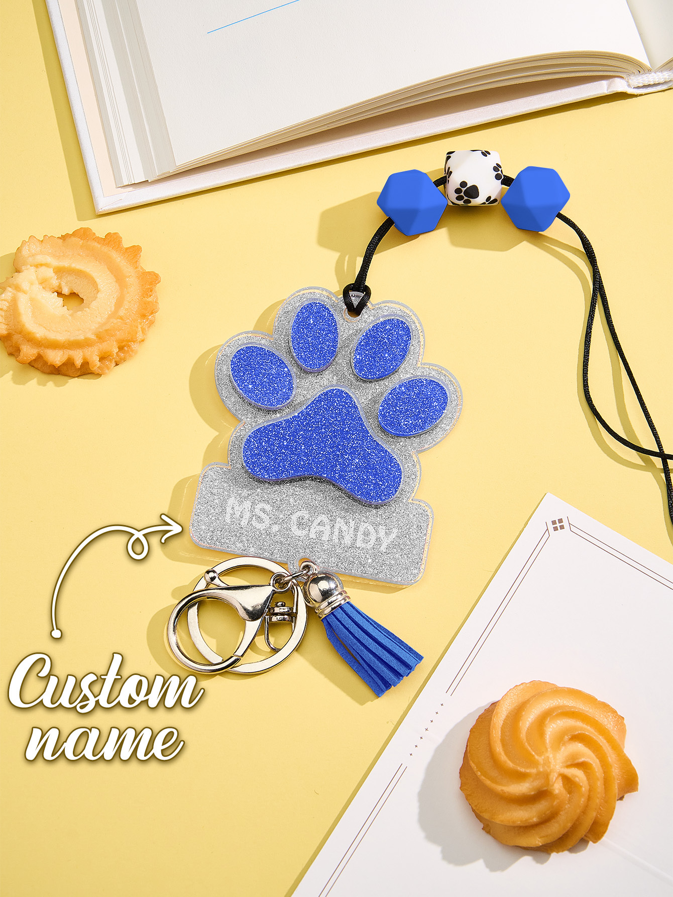 Personalized Glitter Paw ID Badge Lanyard with Text Beads Tassels Badge Lanyard Gift for Teacher Pet Lover
