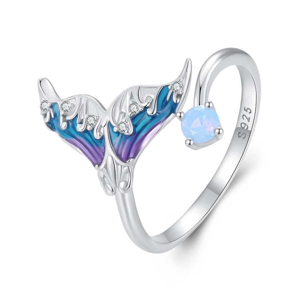 Dream Mermaid Tail Open Ring in Sterling Silver – Iridescent Opal & Zircon Fantasy Jewelry Valentines Gift