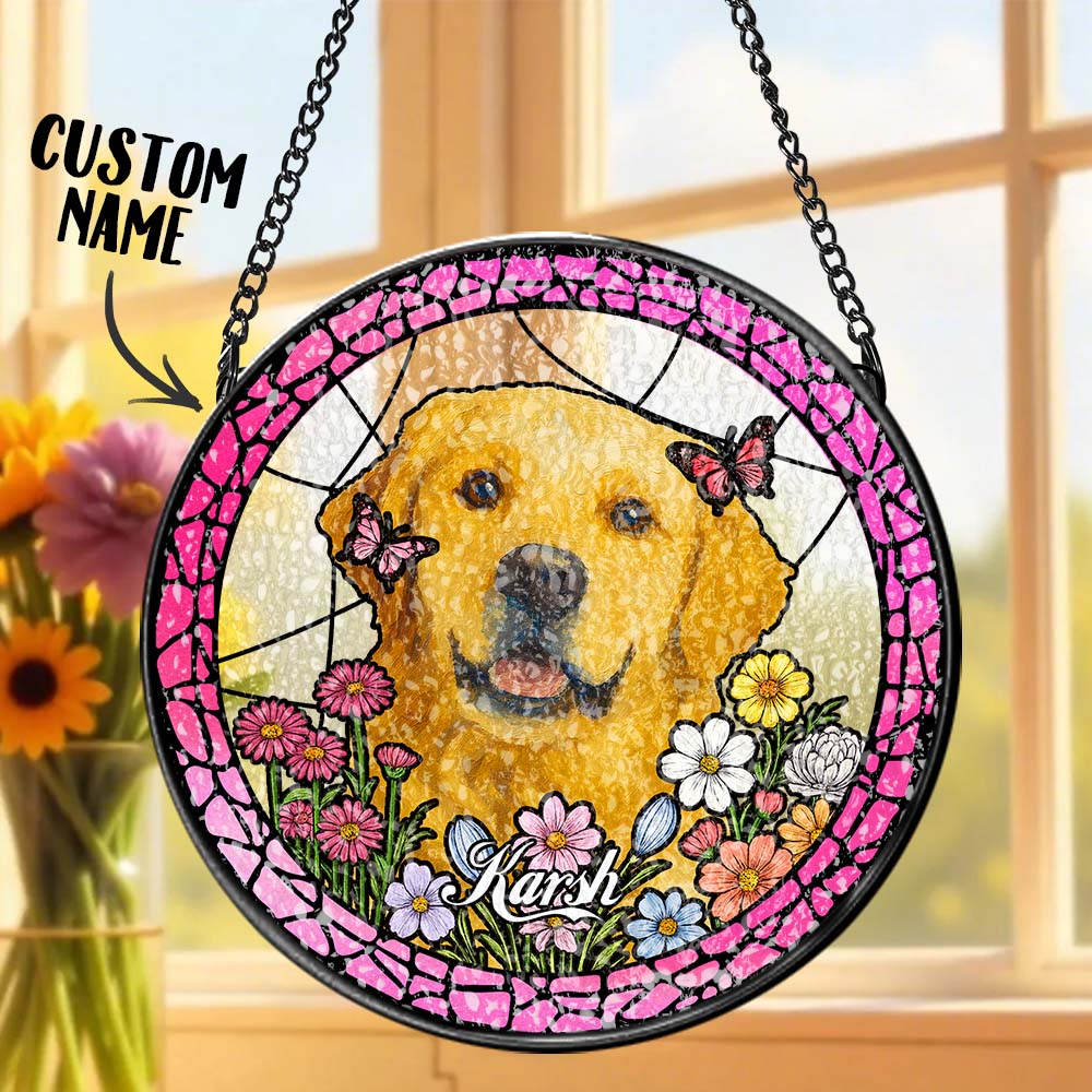 Custom Pet Portrait Stained Glass Suncatcher – Personalized Pet Keepsake Memorial Gift for Dog & Cat Lovers