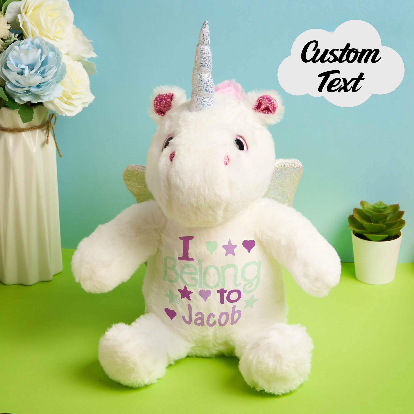 Personalized Unicorn Plush Stuffed Animal Birth Announcement Gift for Baby Shower
