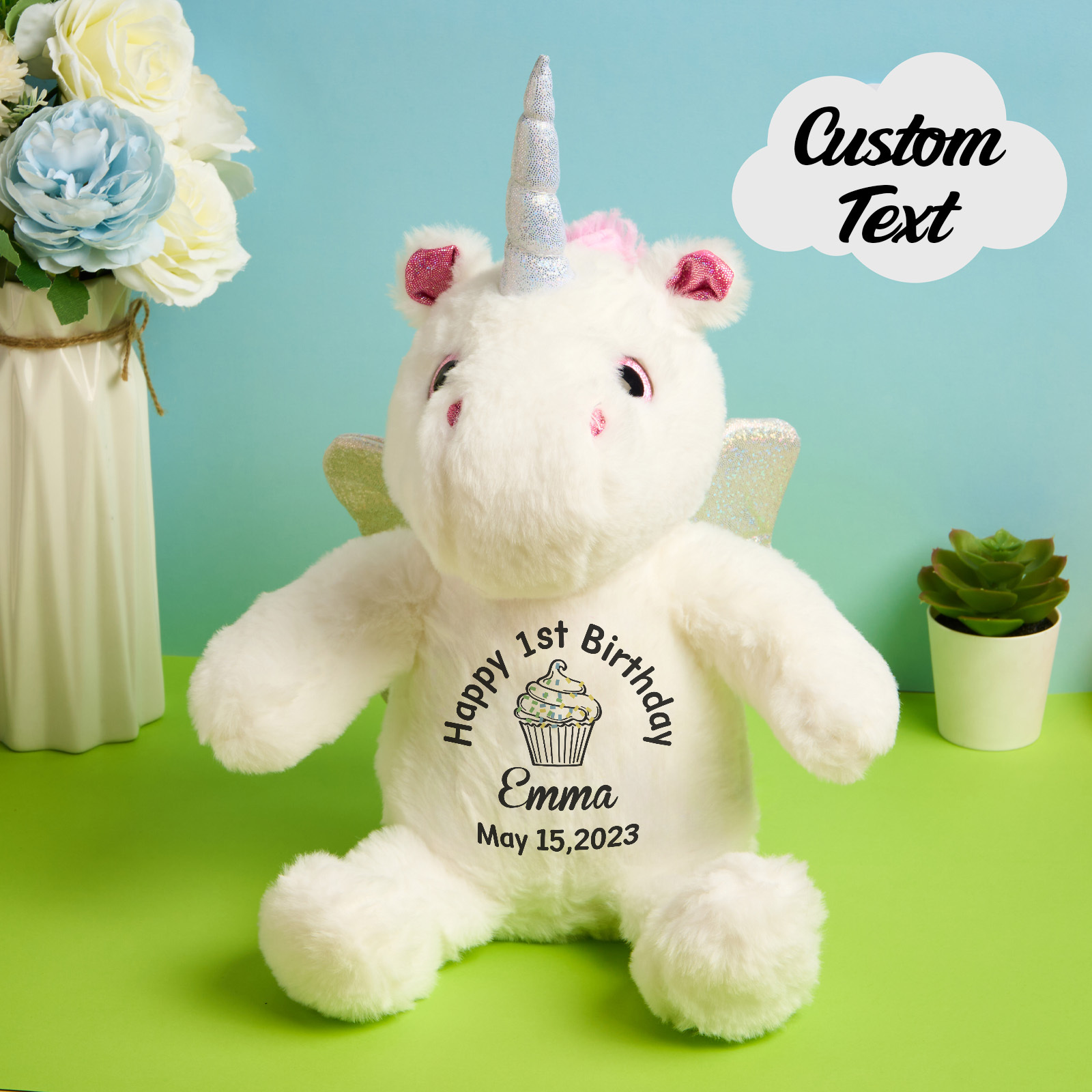 Personalized Unicorn Plush Stuffed Animal Birth Announcement Gift for Baby Shower