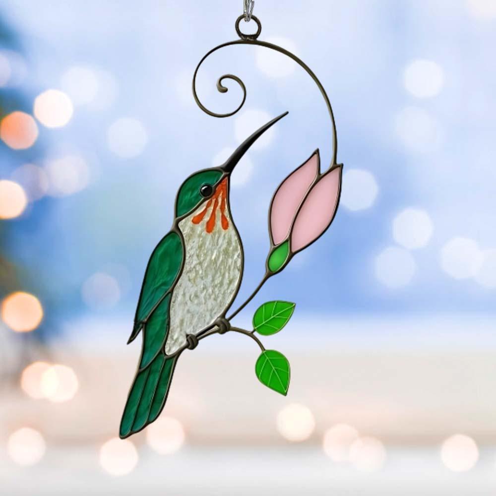 Green Glass Bird Suncatcher with Pink Bud Window Decor Hanging Ornaments Handmade Gift