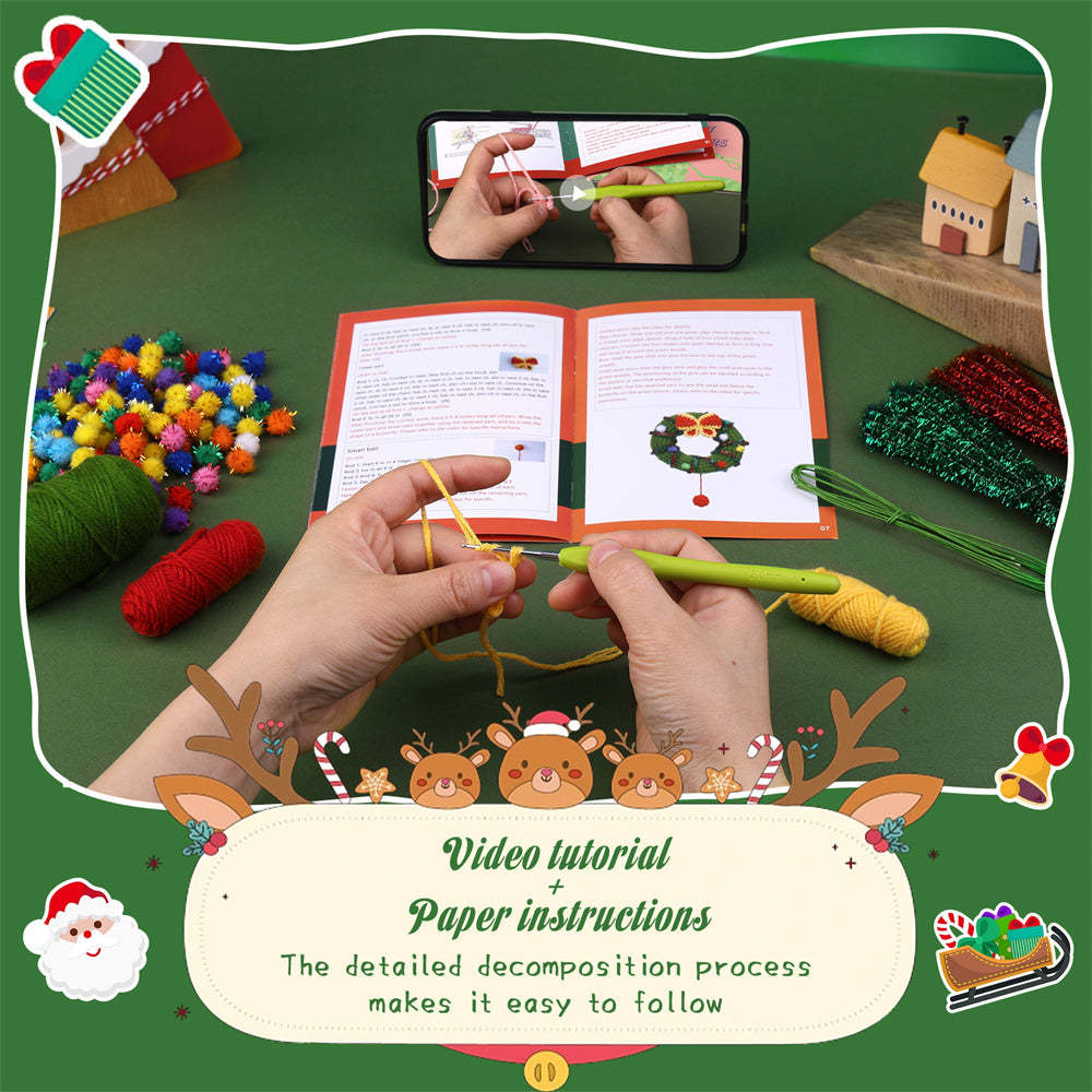 Christmas Wreath DIY Crochet Kit for Beginners with Step-by-Step Video Tutorials Gifts for Adults and Kids