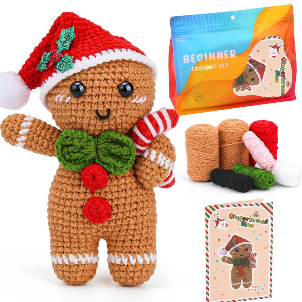 Christmas Gingerbread Man DIY Crochet Kit for Beginners with Step-by-Step Video Tutorials Gifts for Adults and Kids