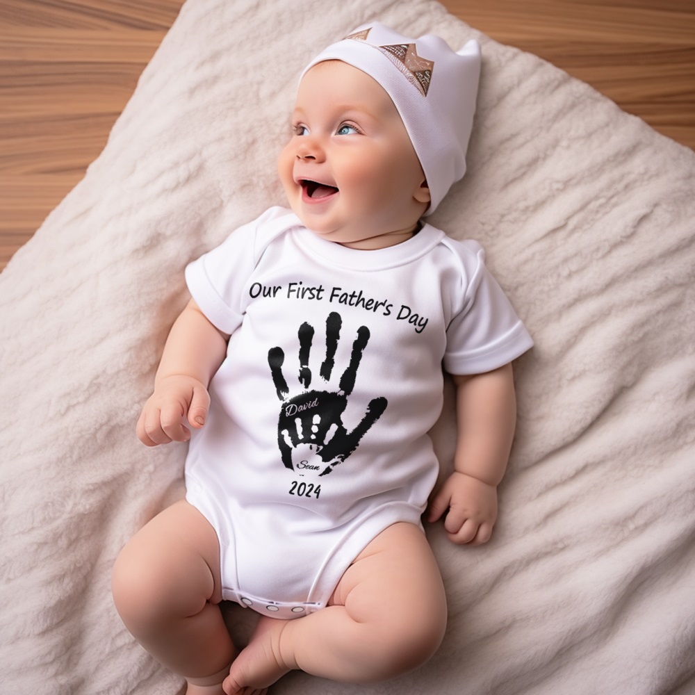 Personalized Our First Father’s Day Handprint Baby T-Shirt Gift for Baby