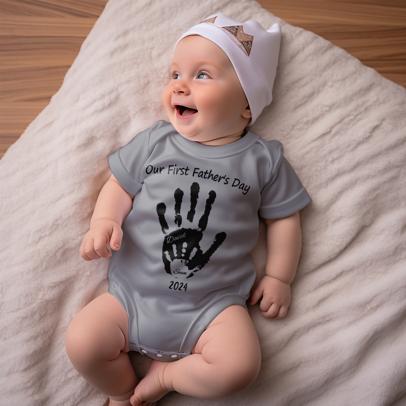 Personalized Our First Father’s Day Handprint Baby T-Shirt Gift for Baby