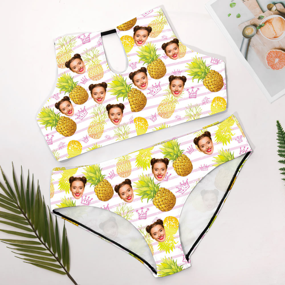 Custom Face Plus Size Swimwear Personalized Pineapple High Waist Bikini Swimsuit