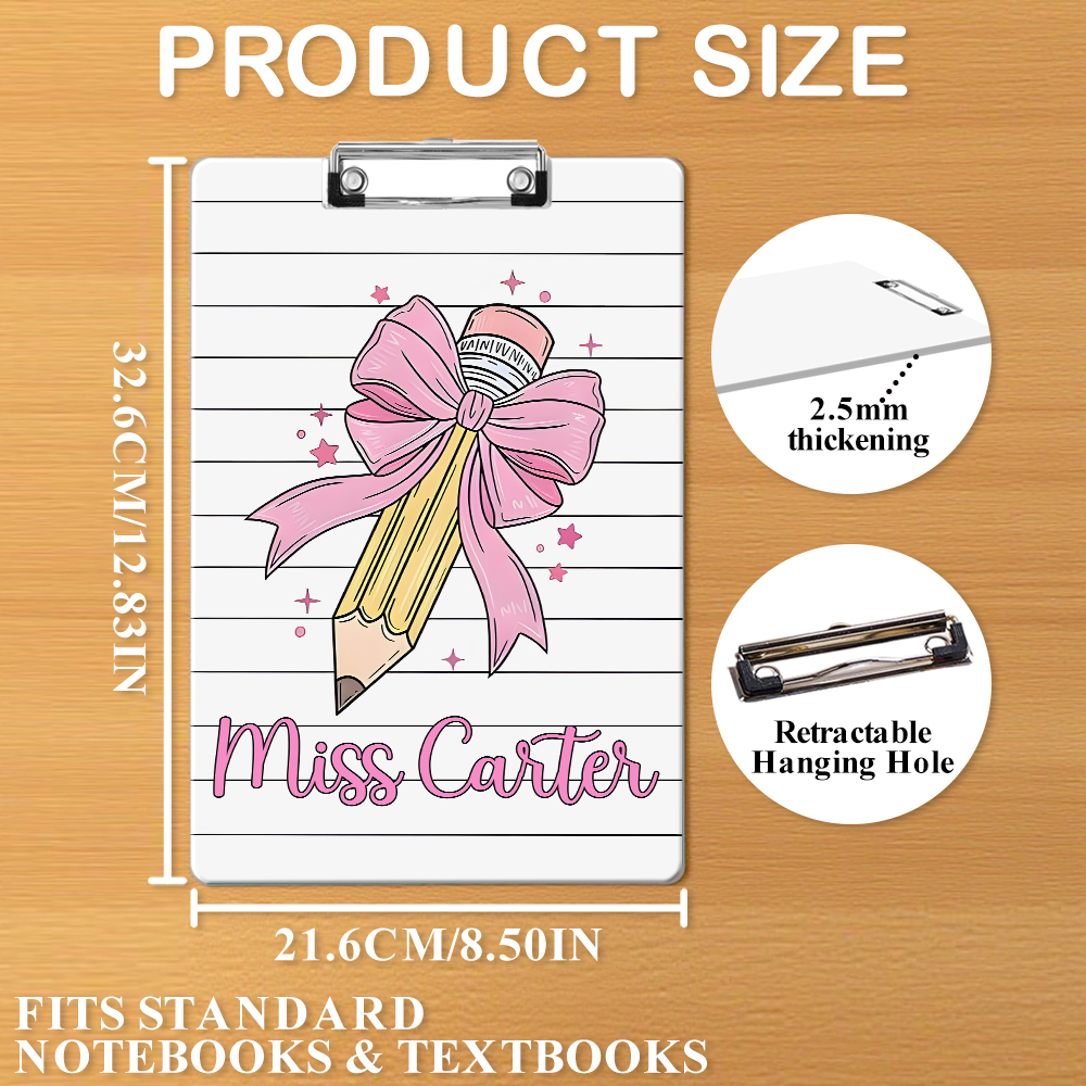 Custom Text Name Folder with Pink Bow & Pencil Design – Teacher's Day & Back to School Gift