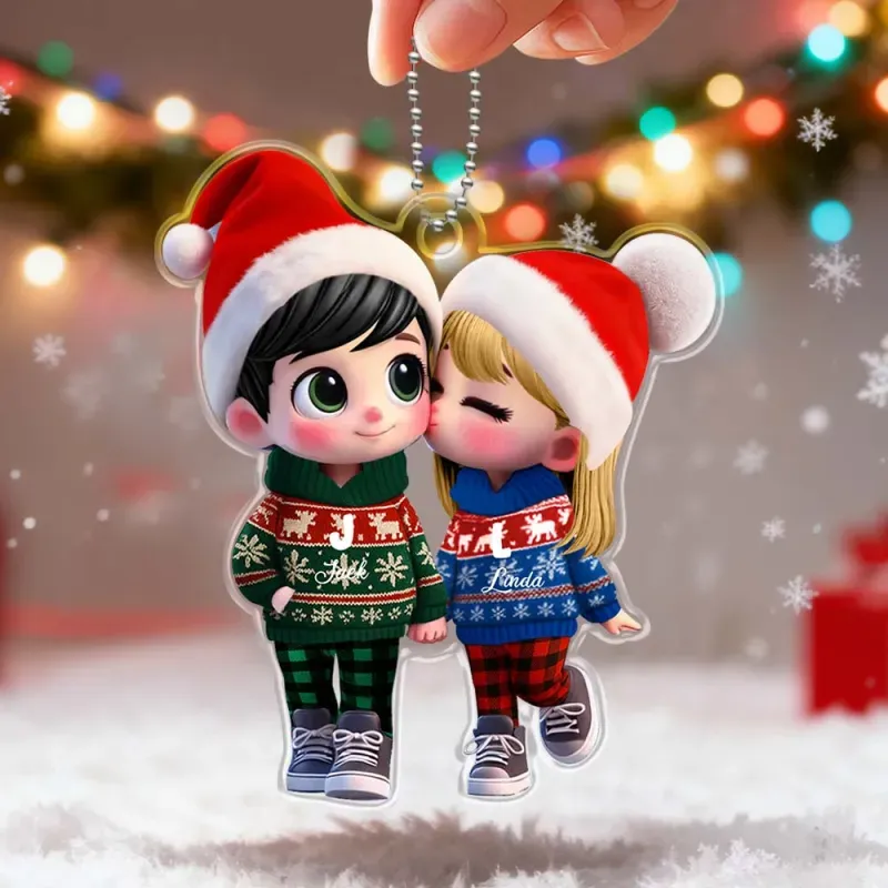 Personalized Name Christmas Style Acrylic Car Hanger Cute Couple Kissing Moment Valentines Gift for Boyfriend & Girlfriend Ghristmas Gift