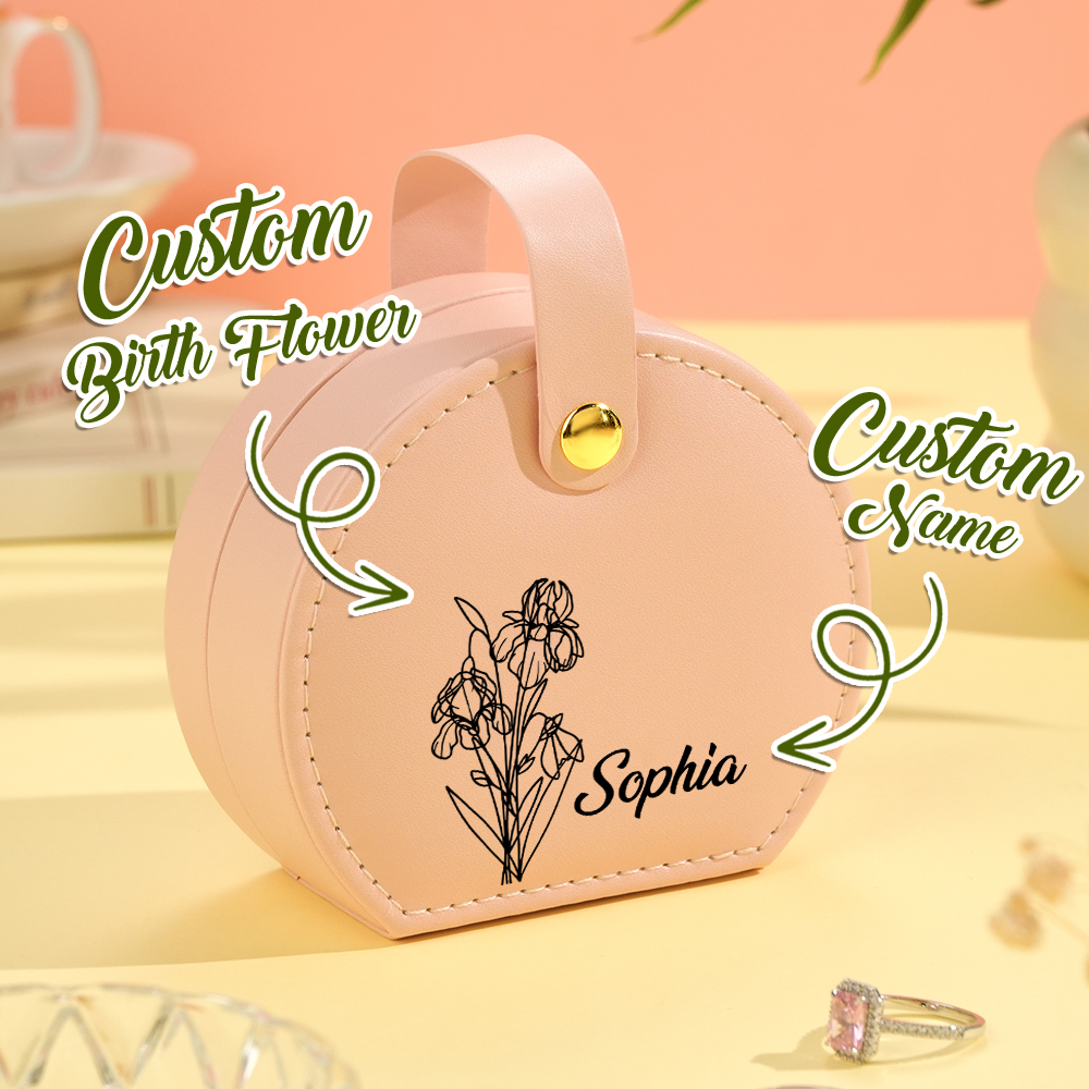 Personalized Birth Flower PU Leather Jewelry Box with Name Jewelry Box Gift for Her