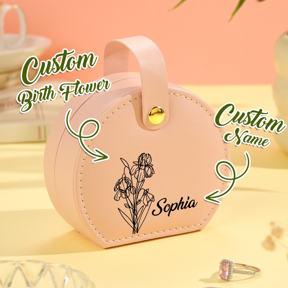 Personalized Birth Flower PU Leather Jewelry Box with Name Jewelry Box Gift for Her