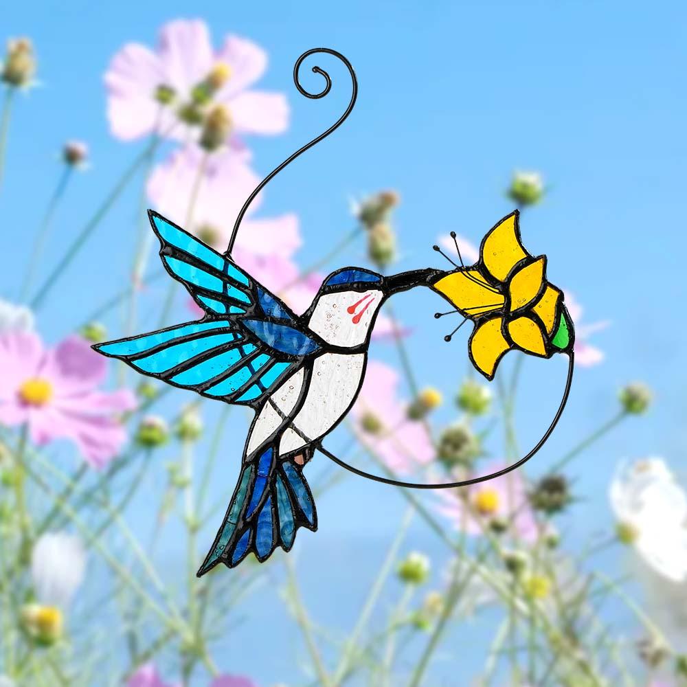 Blue Glass Bird Suncatcher with Yellow Flower Window Decor Handmade Gift