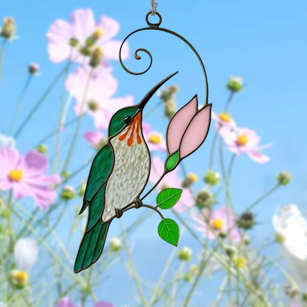 Green Glass Bird Suncatcher with Pink Bud Window Decor Hanging Ornaments Handmade Gift
