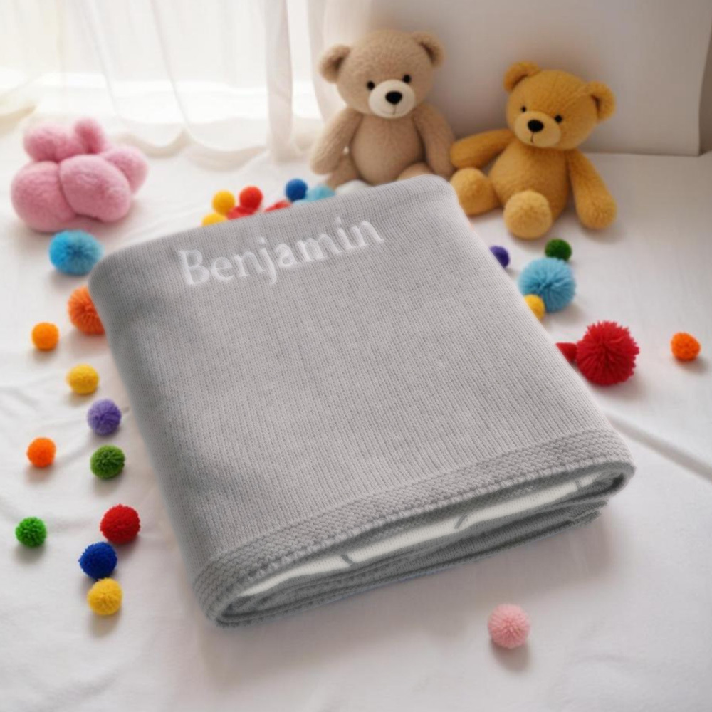 Personalized Baby Blanket Knitting Blanket Grey Elephant with Name Gift for Baby