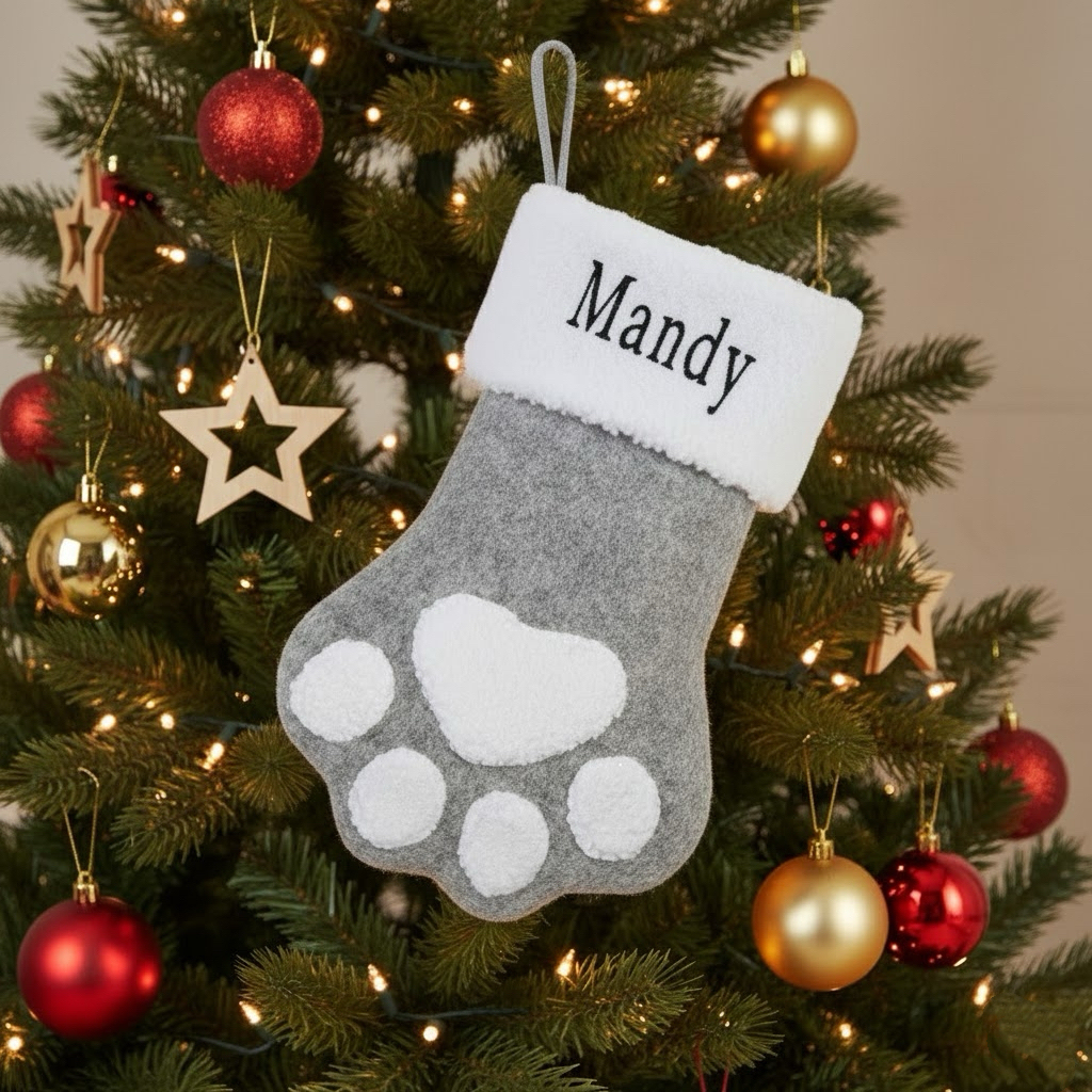 Custom Name Gray Cat Paw Christmas Stocking Ornament Tree Decoration