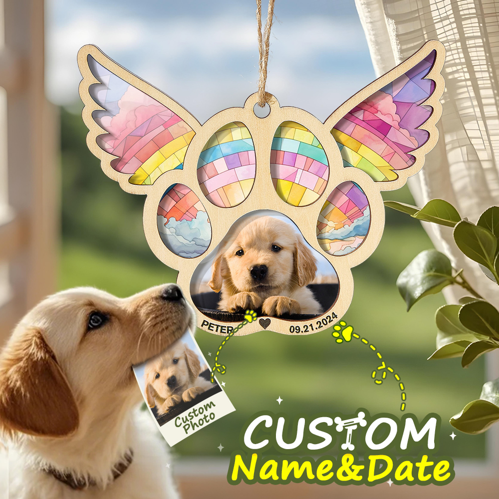 Personalized Pet Suncatcher Ornament with Photo Paw Print Ornament Memorial Gift for Pet Lovers