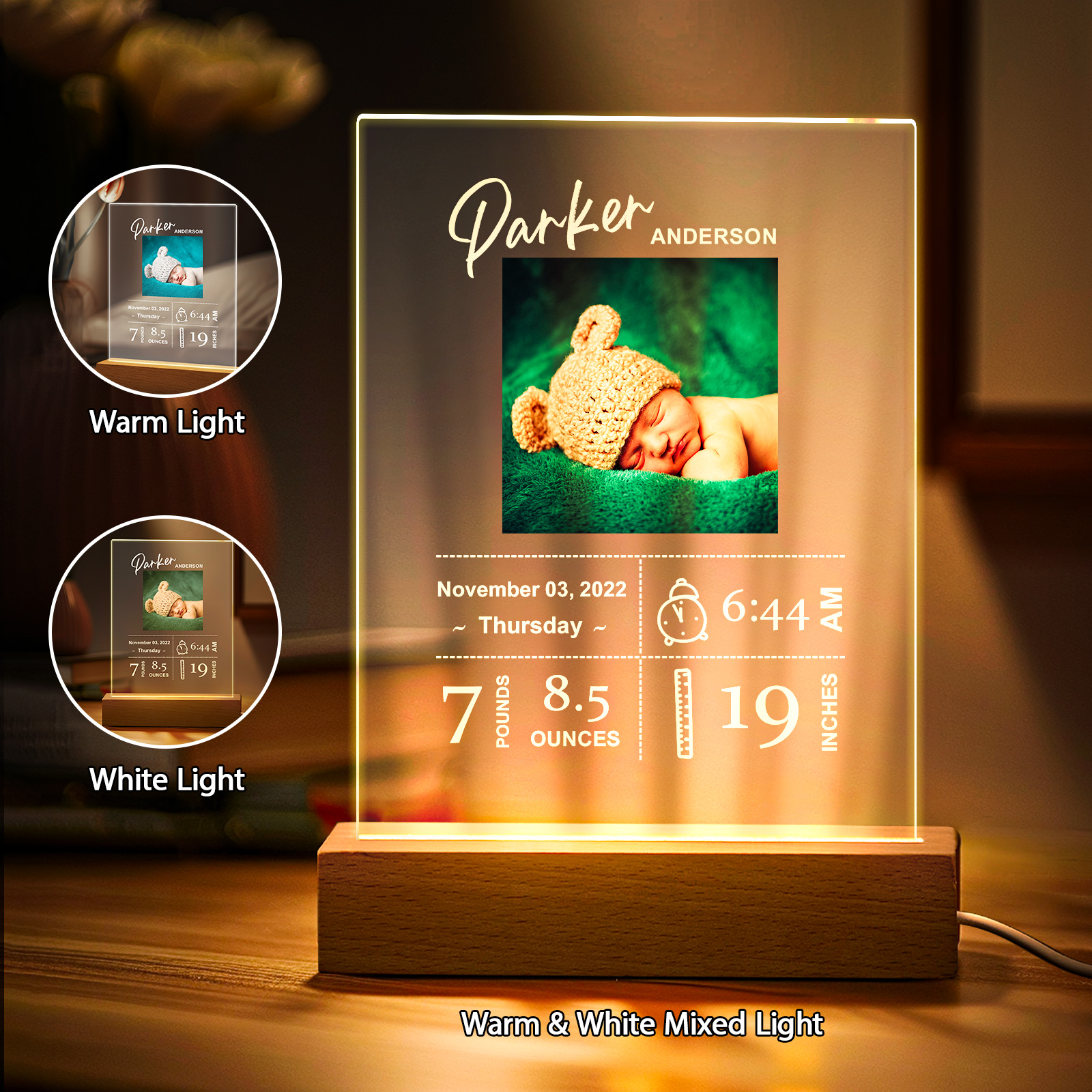 Custom Baby Birth Info Night Light – Personalized Photo Acrylic Lamp Newborn Keepsake Gift & Home Decor