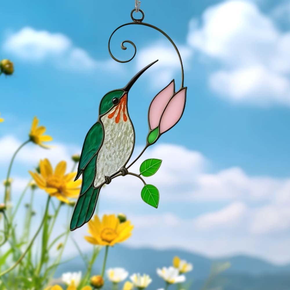 Green Glass Bird Suncatcher with Pink Bud Window Decor Hanging Ornaments Handmade Gift