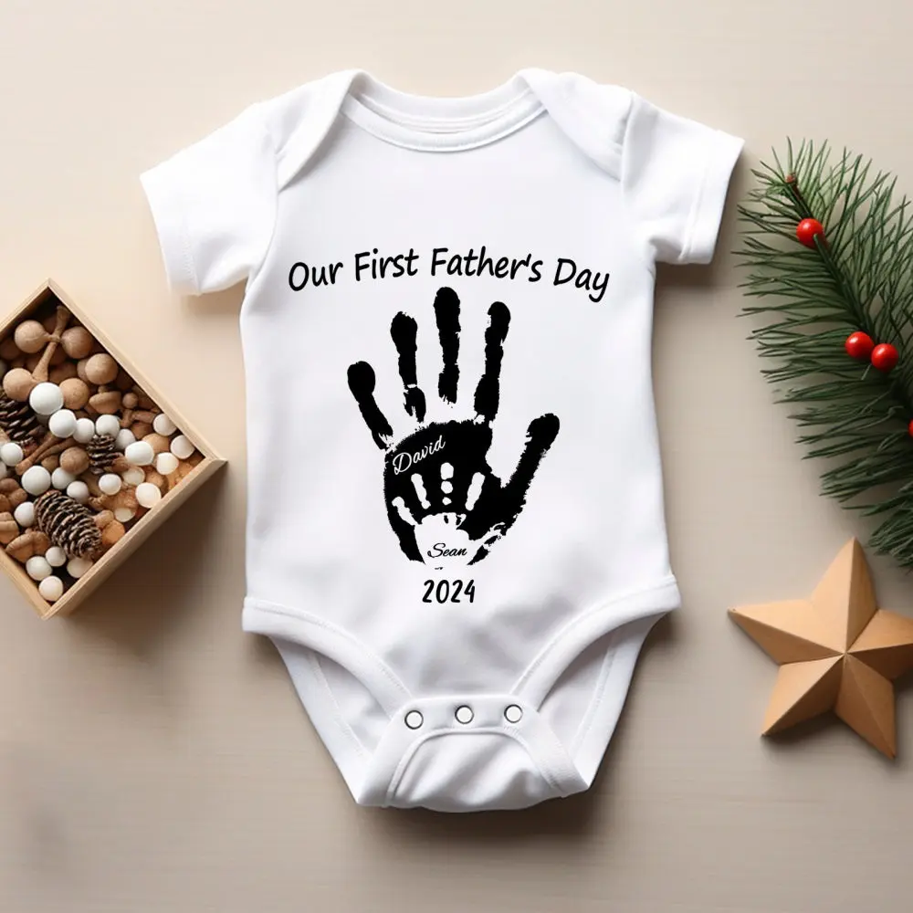 Personalized Our First Father’s Day Handprint Baby T-Shirt Gift for Baby