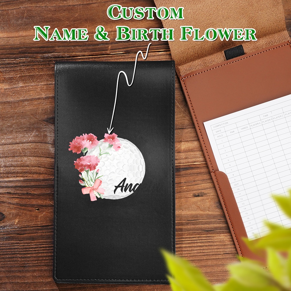 Personalized Birth Flower PU Leather Golf Scorecard Holder Birthday Gift for Golf Lover