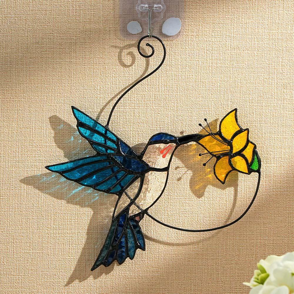 Blue Glass Bird Suncatcher with Yellow Flower Window Decor Handmade Gift