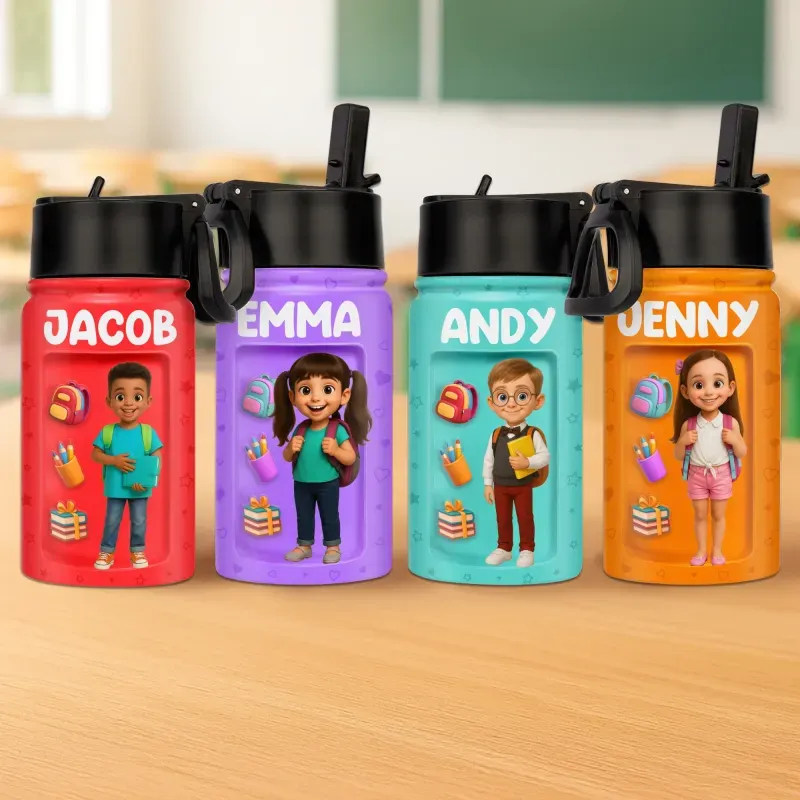 Custom Photo 3D Inflated Effect Printed Kids Water Bottle - Personalized Back To School Gifts For Kids - Fuel Your Bright Young Mind