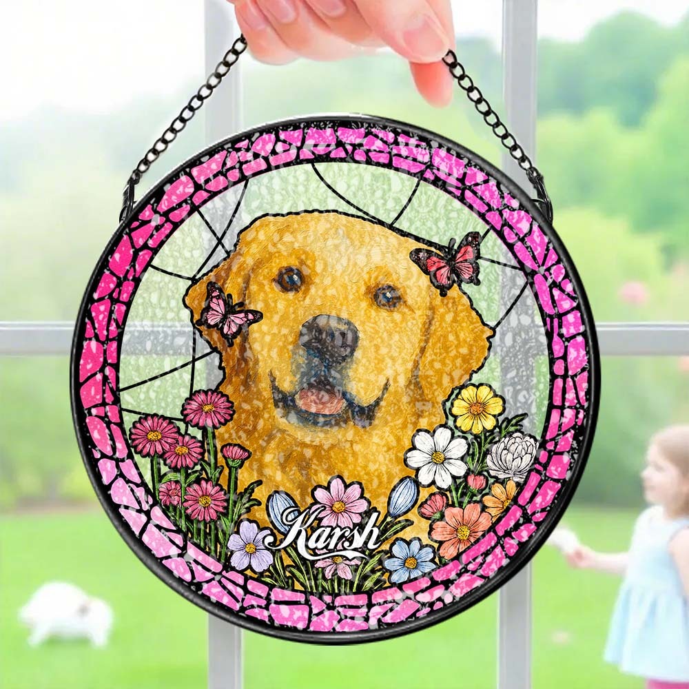 Custom Pet Portrait Stained Glass Suncatcher – Personalized Pet Keepsake Memorial Gift for Dog & Cat Lovers