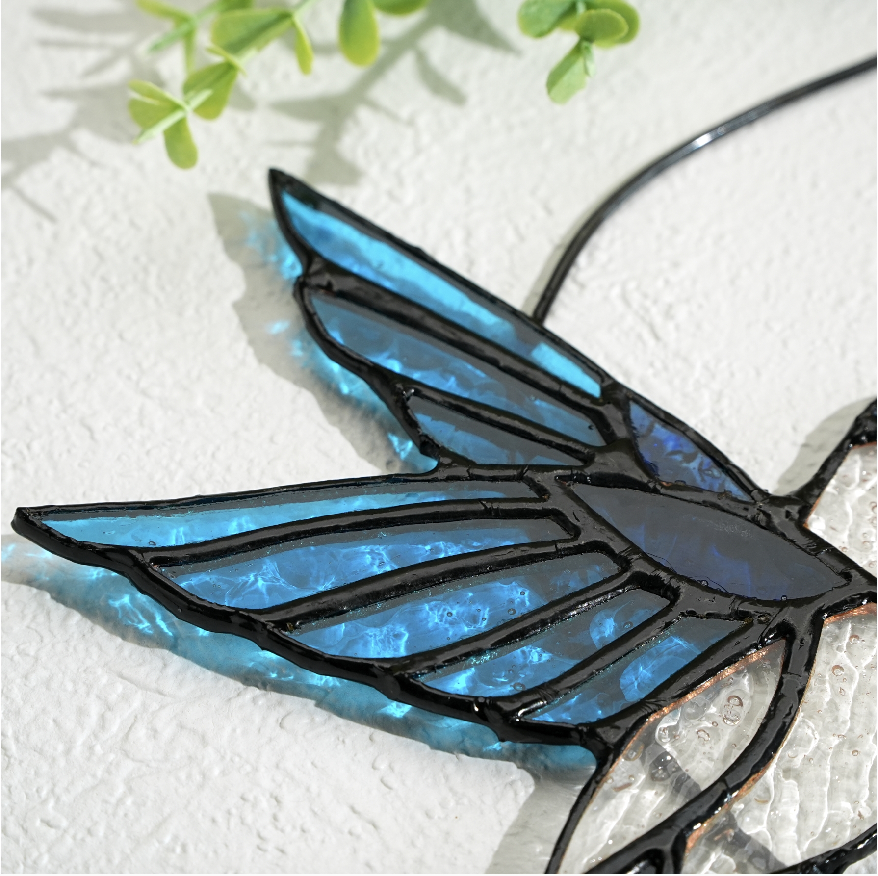 Blue Glass Bird Suncatcher with Yellow Flower Window Decor Handmade Gift