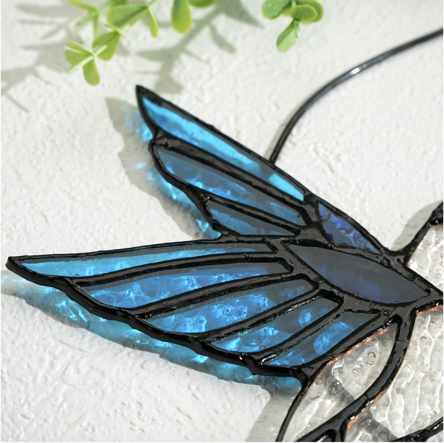 Blue Glass Bird Suncatcher with Yellow Flower Window Decor Handmade Gift