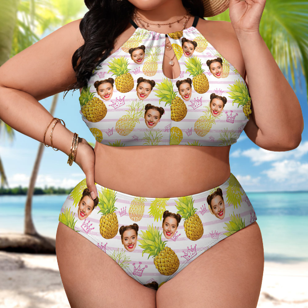 Custom Face Plus Size Swimwear Personalized Pineapple High Waist Bikini Swimsuit