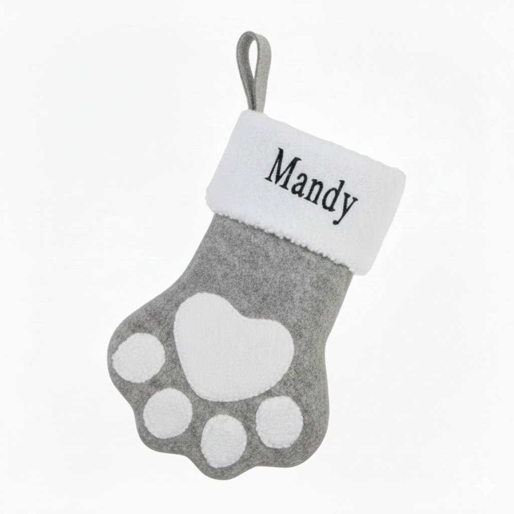 Custom Name Gray Cat Paw Christmas Stocking Ornament Tree Decoration