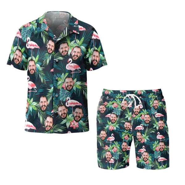 Custom Face Hawaiian Shirt And Beach Shorts Set Personalized Men's Photo Flamingo Flower Set Vacation Party Gift